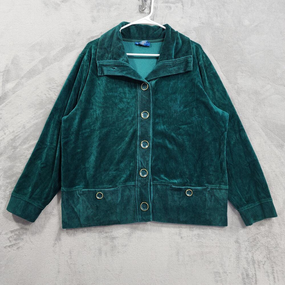 Karen Scott Sport Cardigan Sweater Womens XL Green Velour Velvet Ribbed Collar